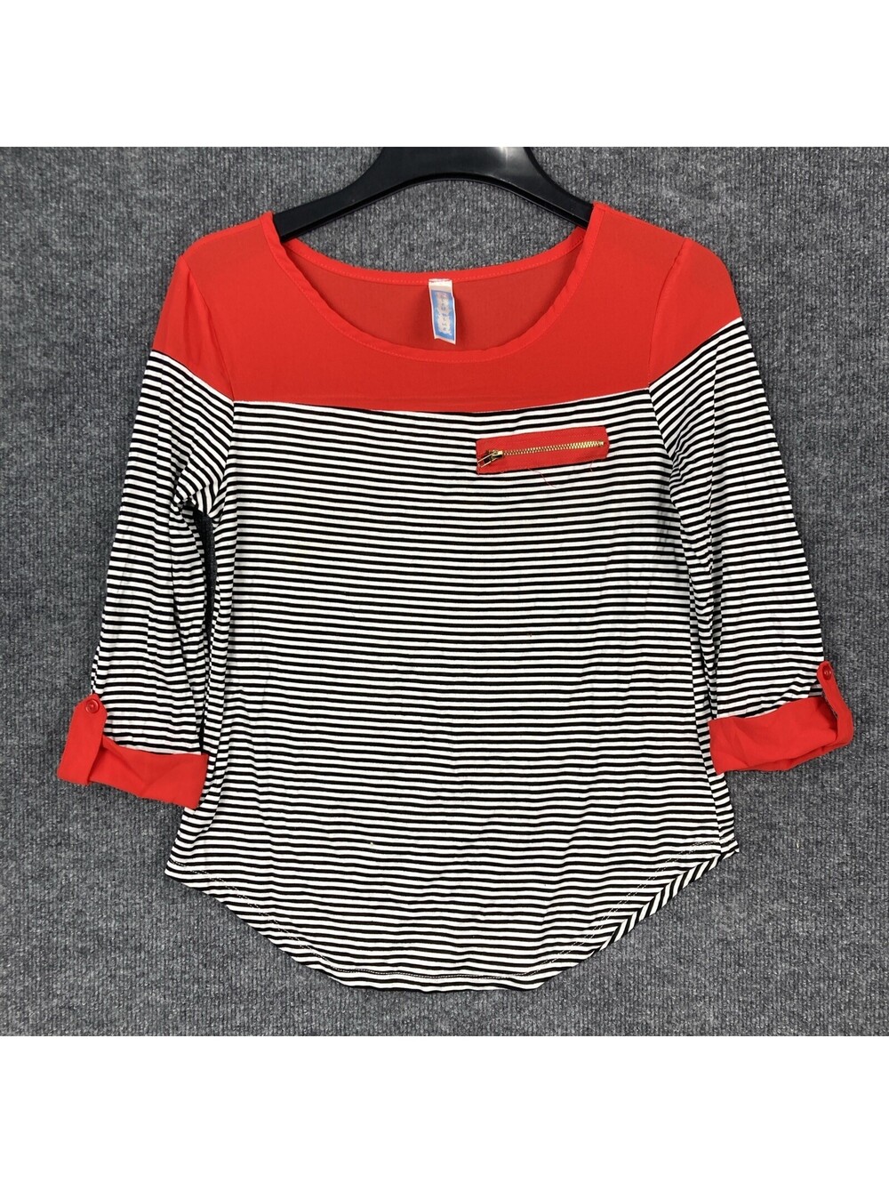 Ashley Blue Womens Small Red Black White Striped Sheer Pocket 3/4 Sleeve Top